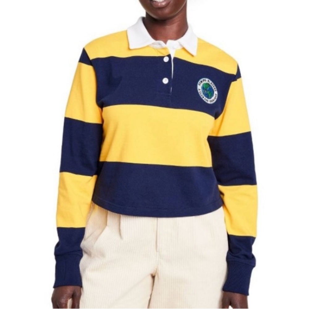 ROWING BLAZERS x Target Striped Navy & Yellow Cropped Rugby Shirt, NWT, Medium